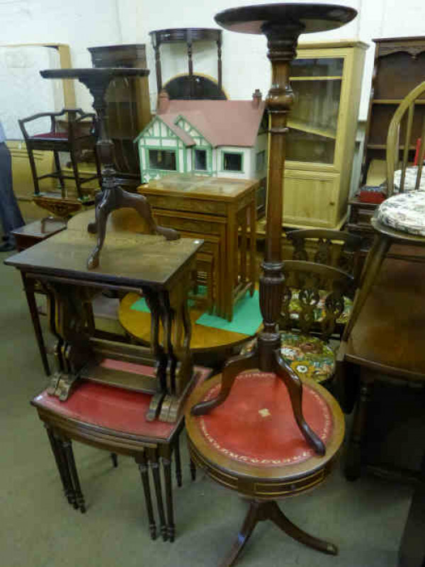 Nest of Three Mahogany Tables, Pedestal Side Table, Torchere, Wine Table and Nest of Three Oak Tables