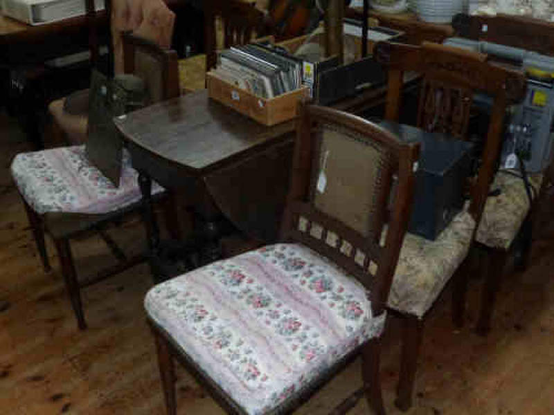 Oak Turned Leg Drop Leaf Table, Four 19th Century Mahogany Pierced Panel Back Dining Chairs and Pair 19th Century Panel Back Side Chairs
