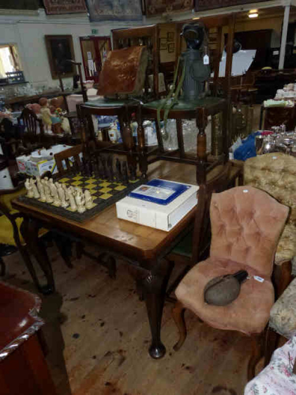 1930's Mahogany Mirrorback Sideboard, Large Mahogany Draw Leaf Dining Table on Queen Anne Legs and Four Oak Dining Chairs