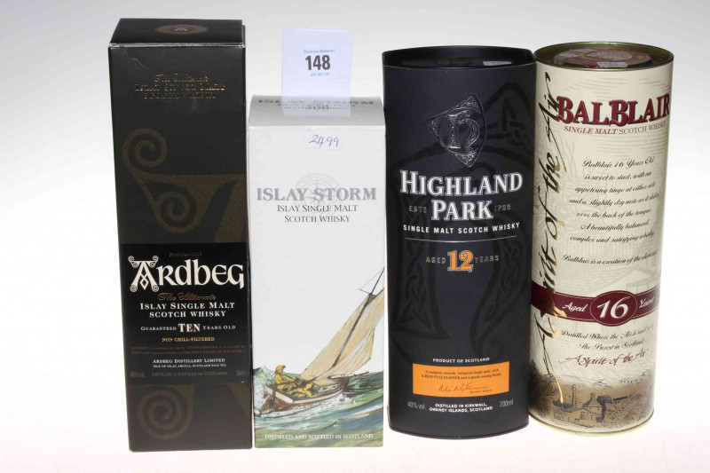 Four bottles of boxed and cased whisky including Balblair, Highland Park, Islay Storm and Ardberg.