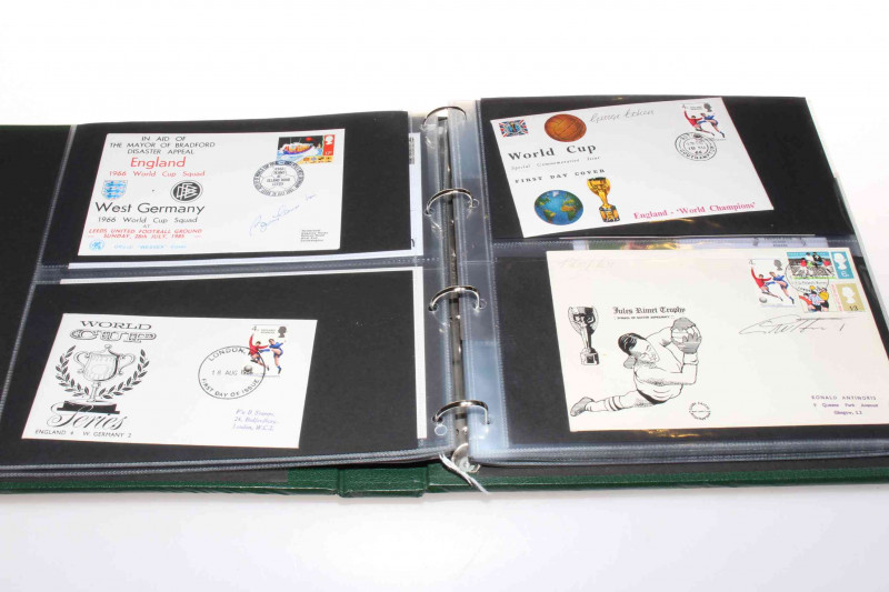 The Sporting Collection album including signed covers by Wembley Venue of Legends, Stanley Matthews, Peter Osgood, Geoff Hurst, Steve Ogrizovic, George Cohen, George Best, Bobby Gurney; Also Phospher FCD, Jack Charlton 1996 signed £2 cover, approximately 