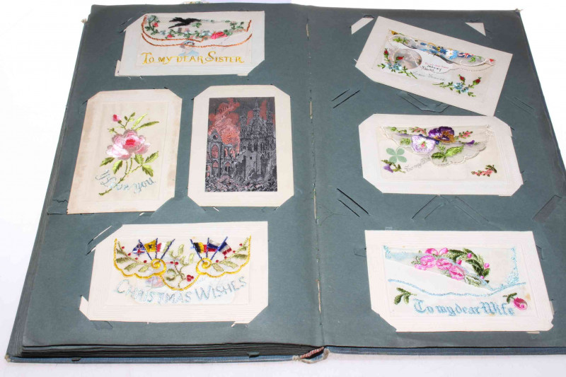 Vintage postcard album depicting military, embroidered silks, silk greetings cards, celluloids, large letter names, Barnard Castle, Tindale Crescent Bishop Auckland, Actresses, Brittain & Wright, Monarch Series - Johnston & Son, Fence Houses.
