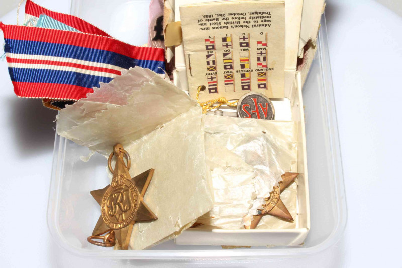 WWII medals with ribbons, silver and enamel AFS badge 114437 with military paperwork, belonging to N. Corrie of Darlington; Along with loose coinage.