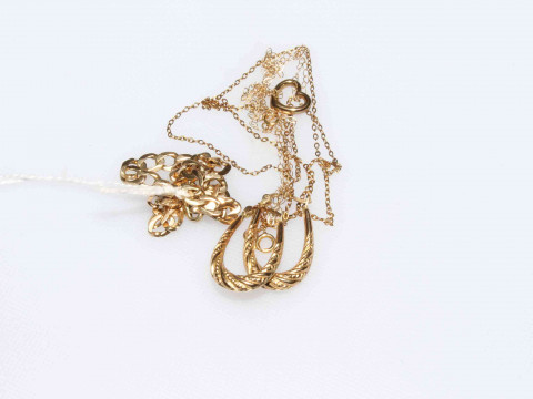 9 carat gold flat link bracelet, earrings and two fine chains.
