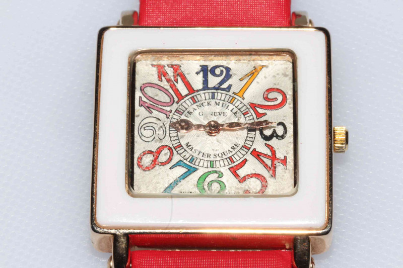 Franck Muller Geneve Master Square wristwatch, no. 77 inscribed on reverse, with red leather strap.
