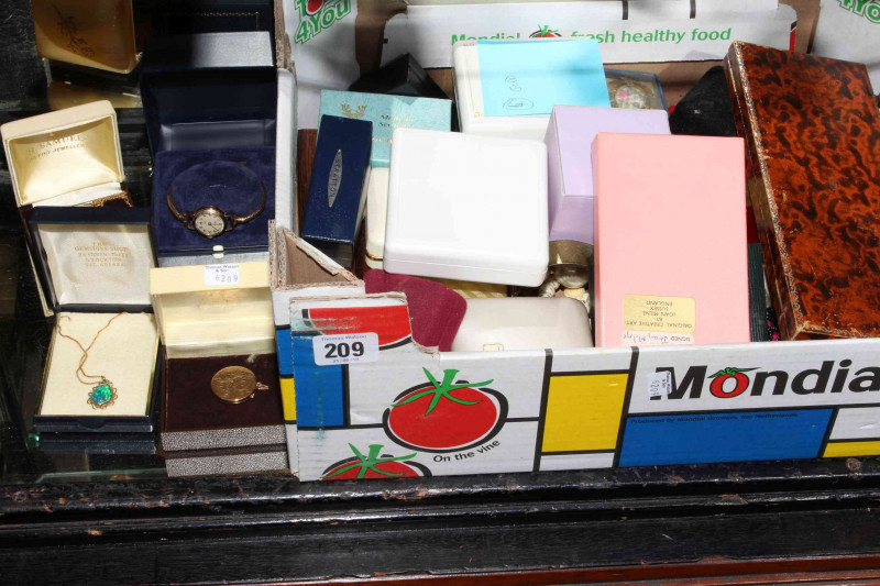 Box of jewellery, mostly costume but including gold pendants and locket.