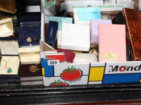 Box of jewellery, mostly costume but including gold pendants and locket.