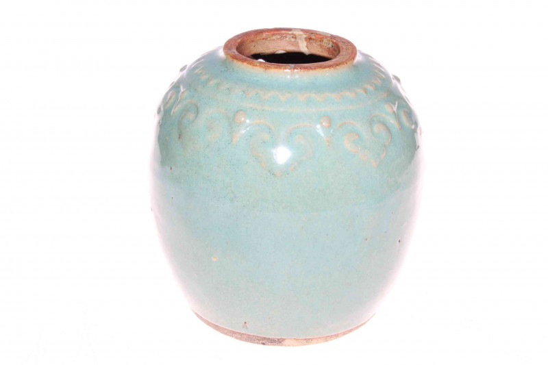 19th Century Chinese Celadon ginger jar, the shoulders with raised decoration of stylised Ruyi heads, 16cm.