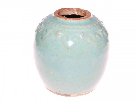 19th Century Chinese Celadon ginger jar, the shoulders with raised decoration...