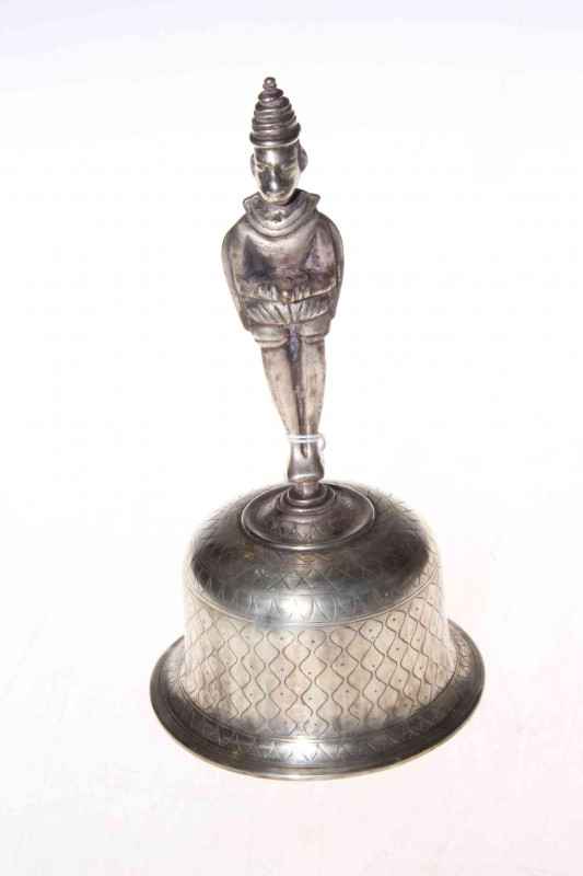 A silvered copper Indian Hindi temple bell, the handle in the form of the God Rama standing back to back with his devotee Hanuman, the monkey God, circa 1900, 19.5cm.