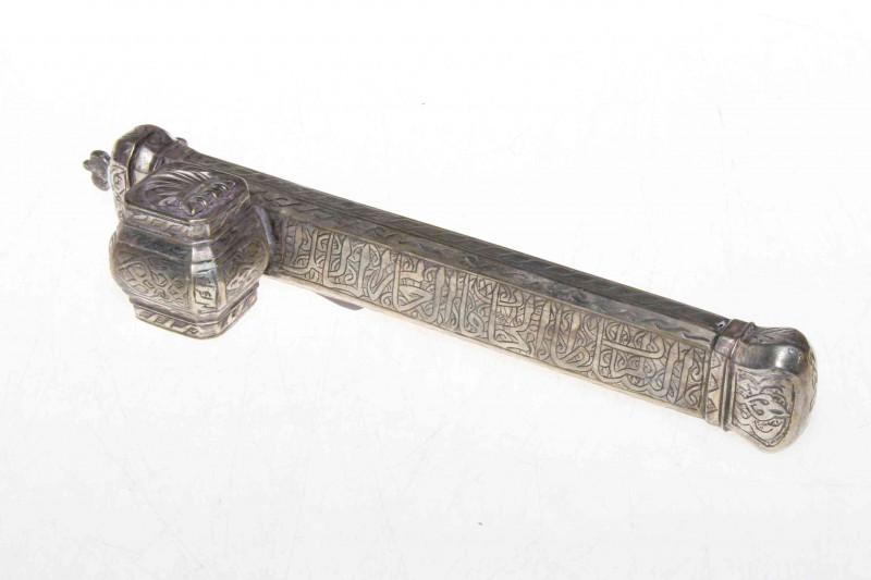 19th Century ottoman silvered brass travelling Islamic scribes Qvalamdan tivit (pencase/inkwell) decorated with calligraphy, 23cm.