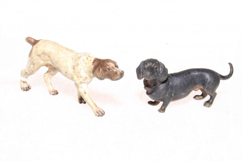 Two early 20th Century cold painted bronze dogs, pointer and dachshund, 7cm and 8cm, probably Austrian.