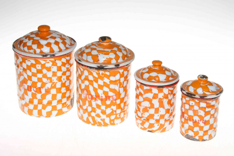 Set of four vintage enamel graduated French storage jars.