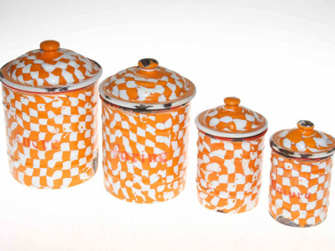 Set of four vintage enamel graduated French storage jars.