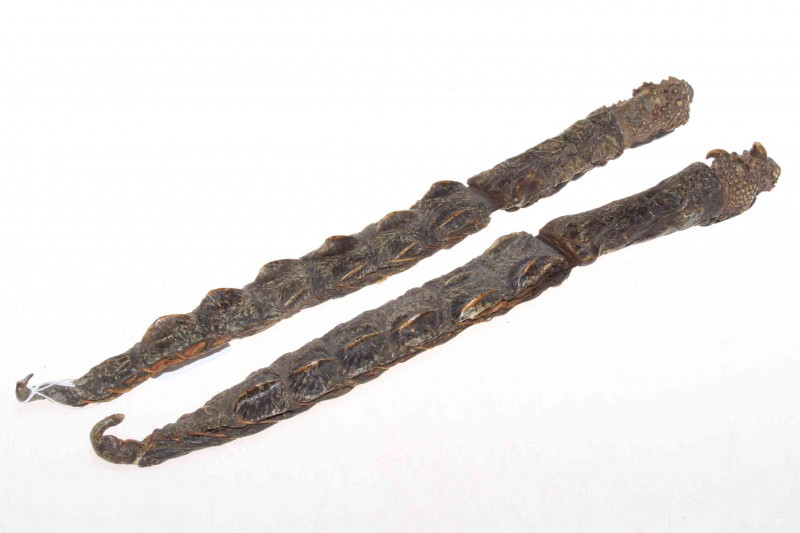 Pair of Sudanese/Egyptian daggers with crocodile skin handles and scabbards, 37cm.