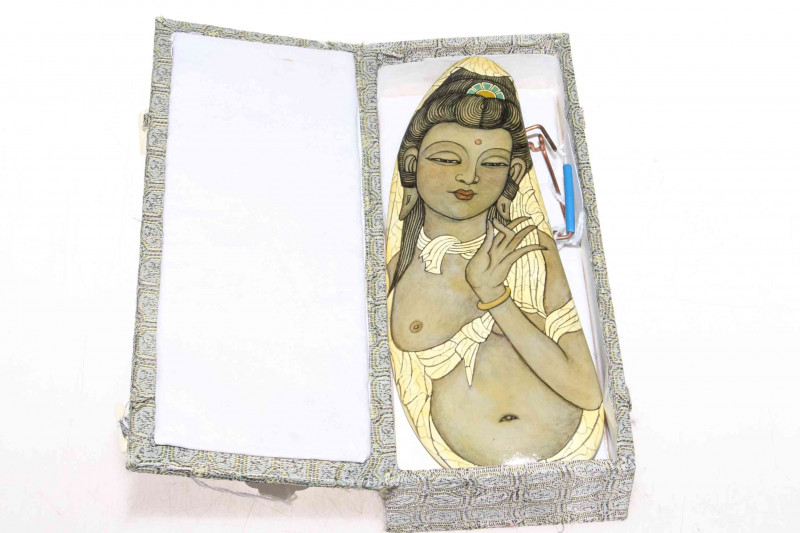 Eastern hand painted semi-erotic lady, signed with stand and box, 19cm.
