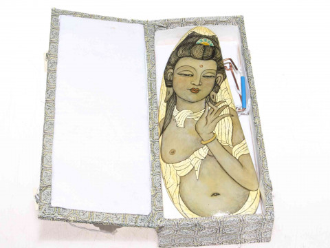 Eastern hand painted semi-erotic lady, signed with stand and box, 19cm.