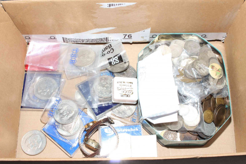 Worldwide coins including Queen Victoria 1837-1897 Diamond Jubilee, Dan Dare pin badge, tokens, pre-1947 silver, 9 carat gold ring and watches.