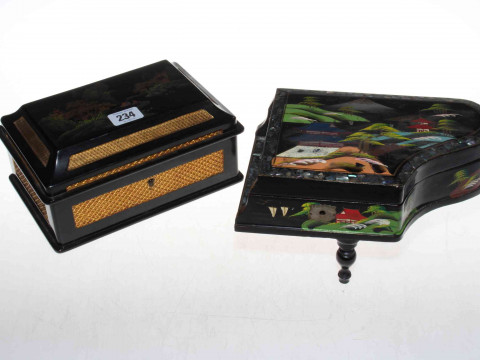 Two vintage black lacquer jewellery boxes depicting Oriental scenes, the...