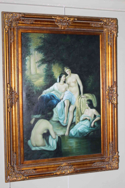 Large gilt framed canvas of females bathing, 118cm by 87cm including frame.