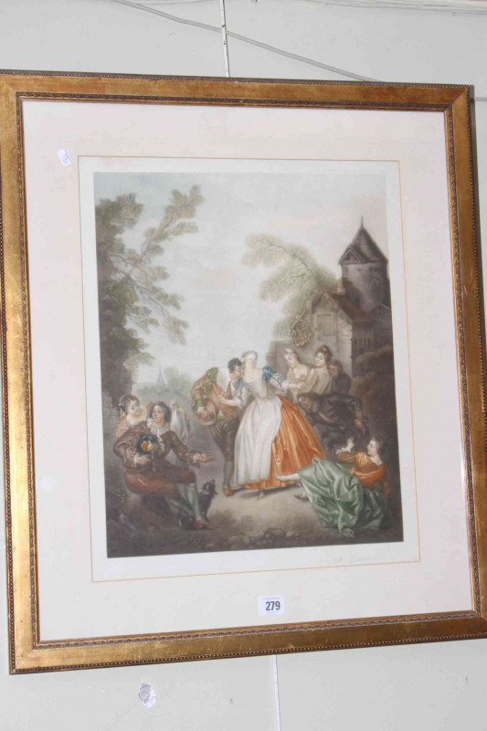 Pair mezzotints of Ladies and Gents in exterior scenes, signed in pencil in the margin, in glazed frames, 70cm by 61cm including frames.