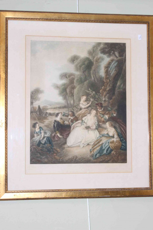 Pair mezzotints of Ladies and Gents in exterior scenes, signed in pencil in the margin, in glazed frames, 70cm by 61cm including frames.