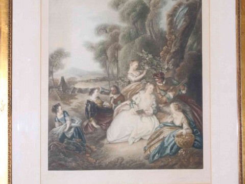 Pair mezzotints of Ladies and Gents in exterior scenes, signed in pencil in the margin, in glazed frames, 70cm by 61cm including frames. thumbnail