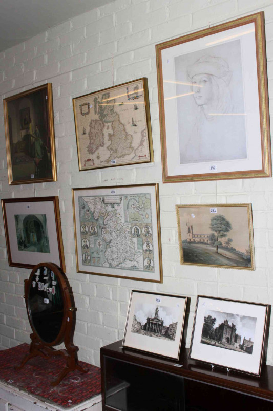 Russell Flint print 'The Unexplored City', two map prints, five framed prints and toilet mirror (9).