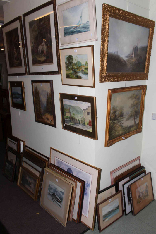 Large collection of framed watercolours, oils, pair mezzotints, etc.