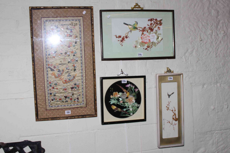 WITHDRAWN            Chinese silkwork in simulated bamboo frame, two framed Oriental shell pictures and three Oriental pictures.