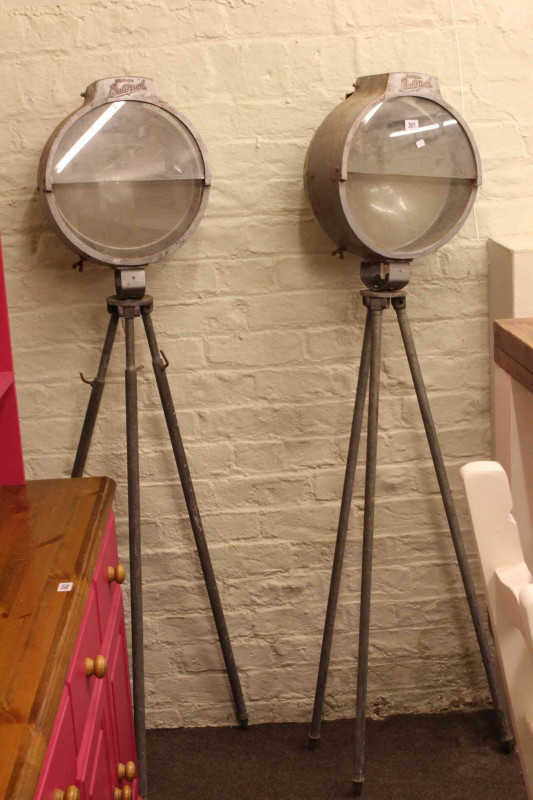 Pair vintage British Bullfinch tripod gas lamps.