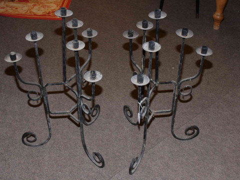 Two flame throwers, novelty life buoy, pair iron candle stands and two tennis racquets (7). thumbnail