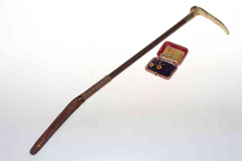 Swaine horn handled riding crop and fox mask dress studs