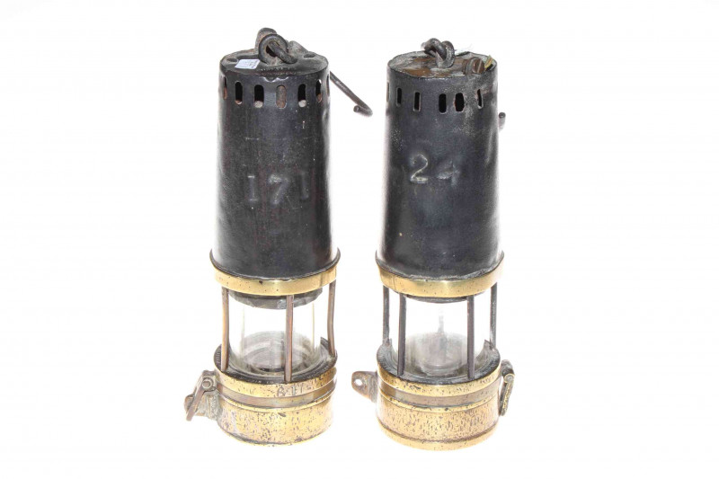 Pair of miner's lamps by Richard Johnson Clapham Morris in well used condition with patina, good social history lamps!