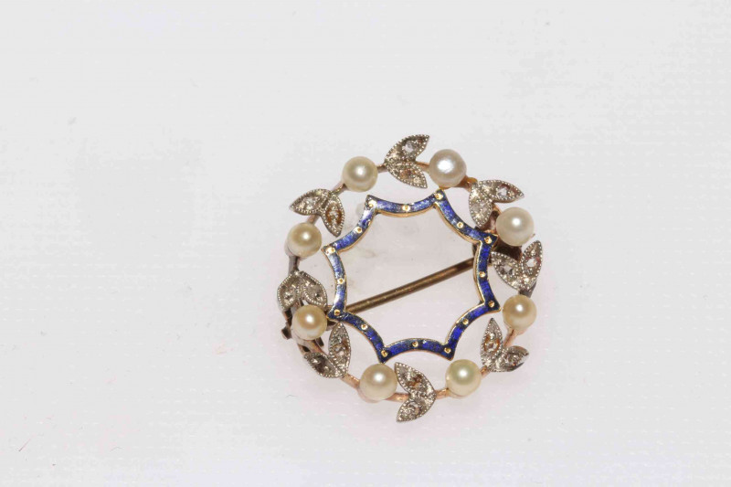 Blue enamel, pearl and diamond brooch
