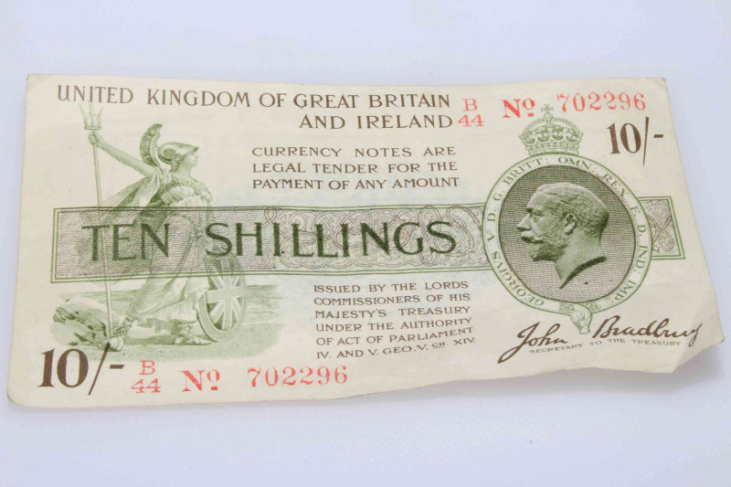 A United Kingdom of Great Britain and Ireland ten shillings note, John Bradbury, Secretary to the Treasure B/44 No. 702296