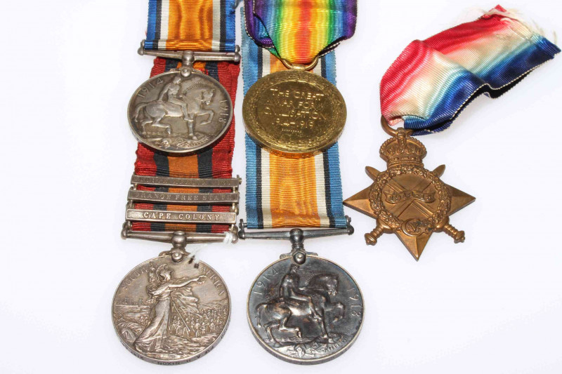 Five military war medals with ribbons. Medals include Queen Victoria, South Africa with three name bars - South Africa 1901, Orange Free State and Cape Colony belonging to 35320 PTE A. H. Nixon 21st COY IMP YEO. Pip, Squeak and Wilfred awarded to S3 - 028