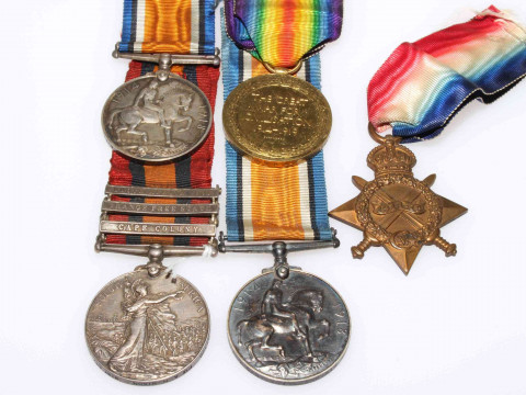Five military war medals with ribbons. Medals include Queen Victoria,...