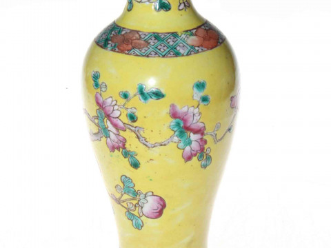 Chinese porcelain baluster vase with polychrome decoration on yellow ground,...