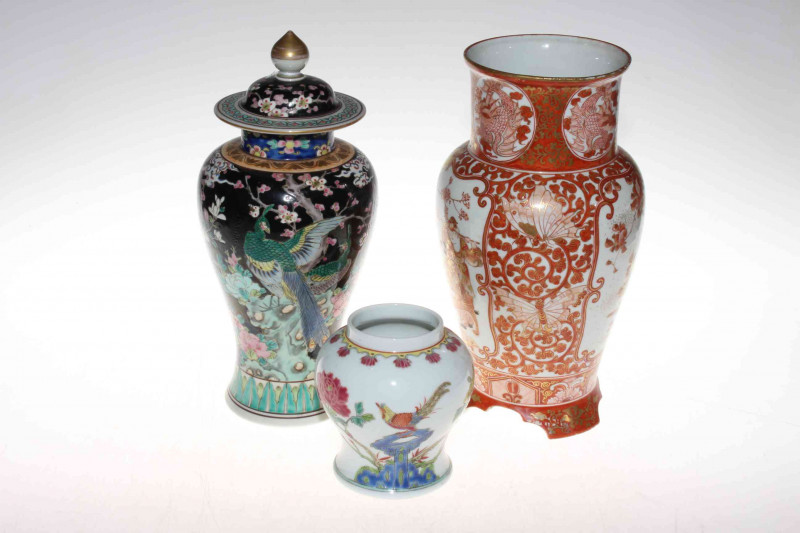 Three Chinese porcelain vases including small baluster polychrome piece