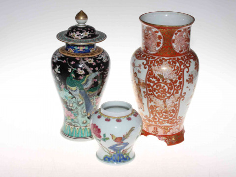 Three Chinese porcelain vases including small baluster polychrome piece