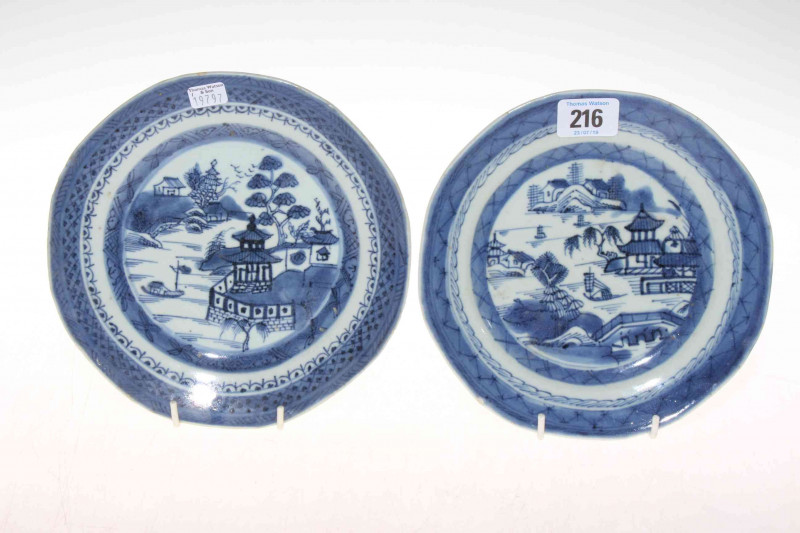 Pair antique Chinese blue and white plates with pagodas in landscape, 19cm diameter 