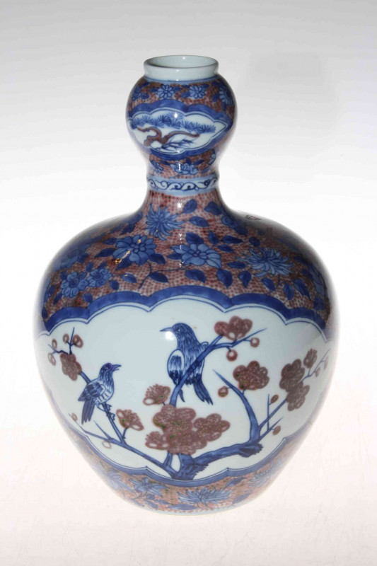 Chinese porcelain vase with mostly blue and white birds and foliage decoration, 27cm