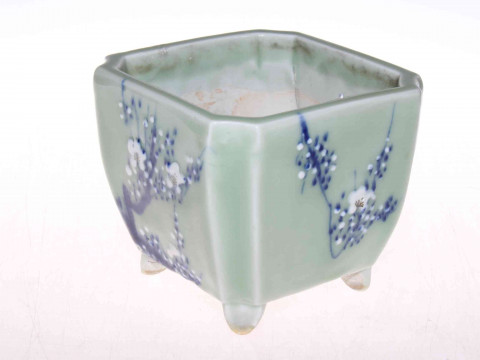 Chinese planter with blossom on green ground