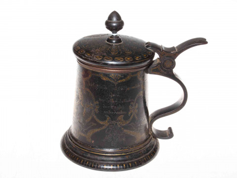 German lidded iron tankard with gilt decoration on black, scroll handle,...