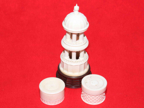 Ivory/bone architectural column foley and two small boxes (3)