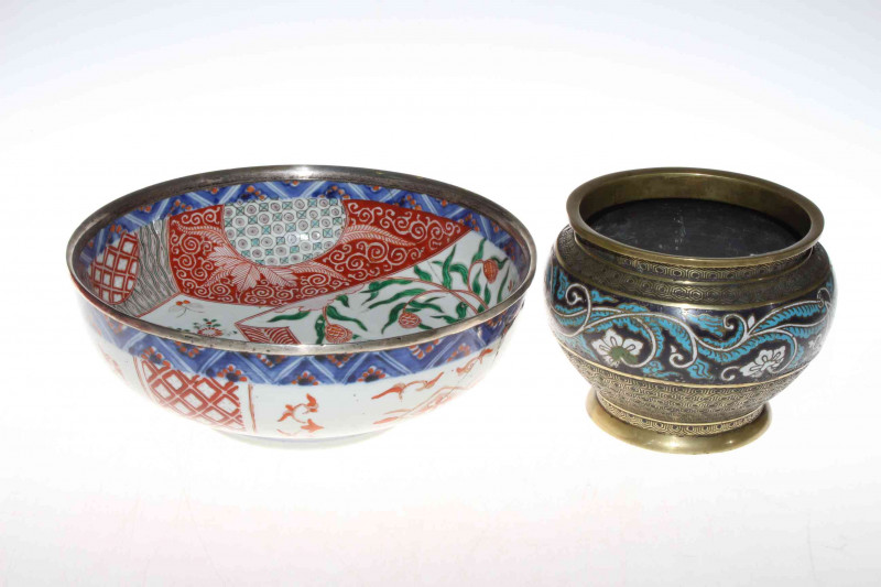 Chinese porcelain bowl with hallmarked silver rim and cloisonne vase (2)