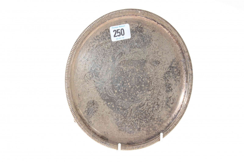 Victorian silver card tray by Bradbury & Henderson, London 1886, having engraved foliate decoration, 21cm dia, 11oz