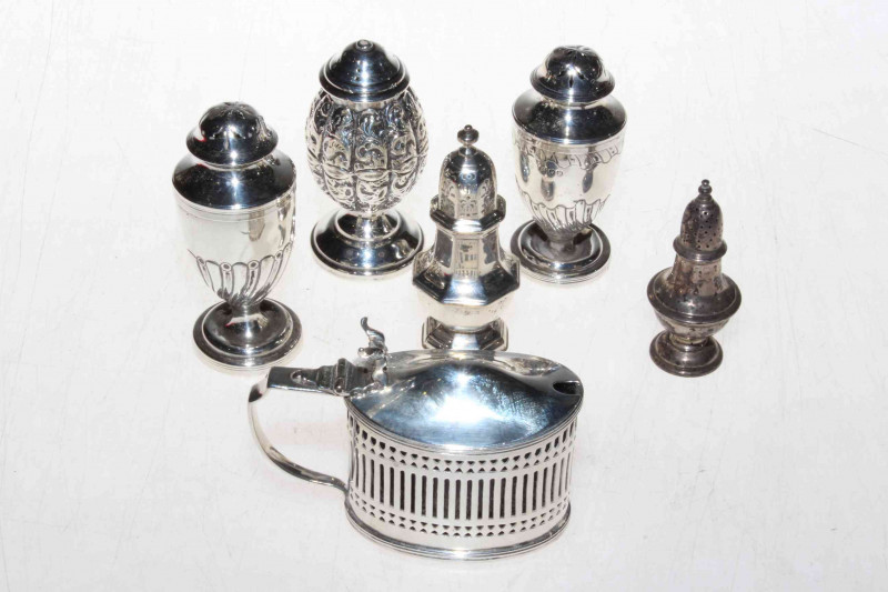 Chester hallmarked silver oval mustard pot, pair Charles Stuart Harris pepperettes and three more silver pepperettes (6) 9oz