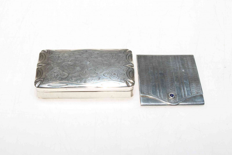 19th Century Continental silver snuff box and 1920's vesta holder with jewelled fastener (2)